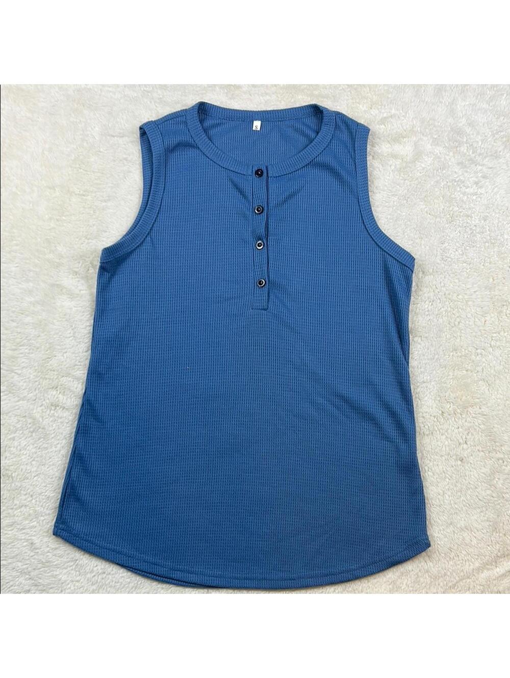 Women’s Blue Waffle Knit Henley Tank Top Button Front Sleeveless Shirt Sz Small